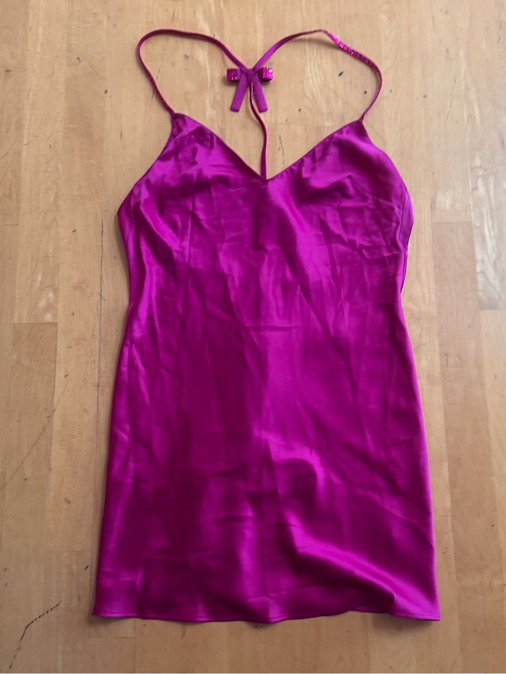 Victoria's Secret Fuchsia Very Sexy Crystal Bow Satin Mini Slip. S